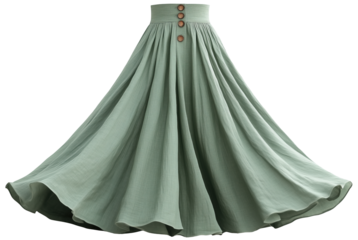 Mint green linen maxi skirt with front button closure. Long, breathable, and stylish design, perfect for warm weather looks. Isolated on transparent background.