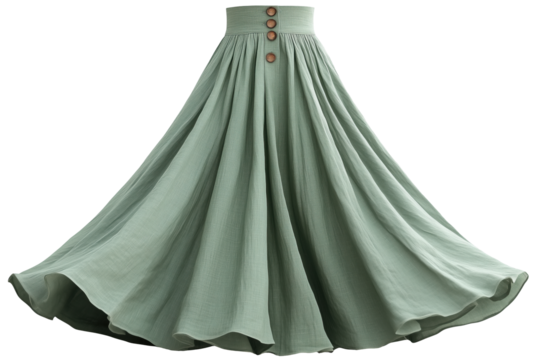 Mint green linen maxi skirt with front button closure. Long, breathable, and stylish design, perfect for warm weather looks. Isolated on transparent background.