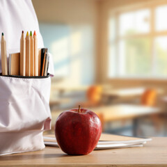 School backpack with supplies on classroom desk – back to school and education concept with...