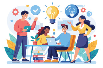 Fototapeta premium Illustration of a diverse creative team brainstorming new ideas in an office setting. The concept represents teamwork, innovation, and collaborative thinking in a modern workplace environment.