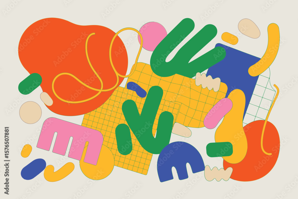 Poster whimsical colorful shapes dance in a playful abstract composition, creating a vibrant and modern art