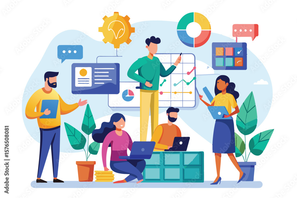 Poster illustration of a diverse team working together to analyze data and statistics. the group is using d