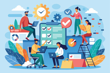 Vibrant illustration showcasing a diverse team collaborating on projects with laptops, checklists, and graphs. Perfect for concepts of teamwork, productivity, and office collaboration.