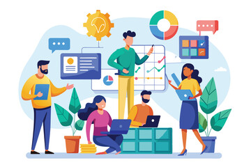 Illustration of a diverse team working together to analyze data and statistics. The group is using digital devices in a modern office setting, fostering teamwork and innovation.