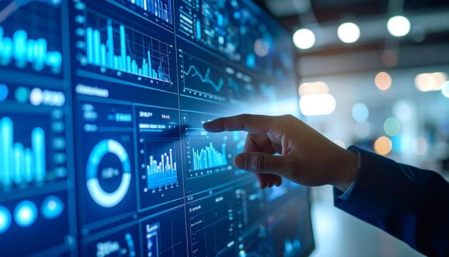 Hand interacting with a digital dashboard