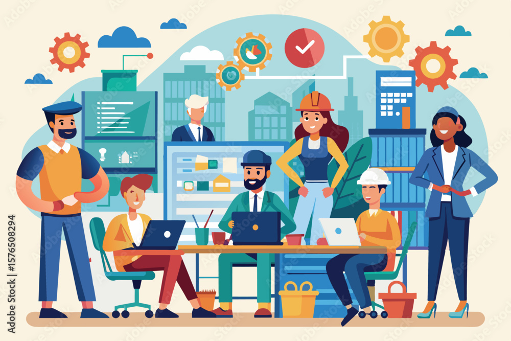 Poster illustration of a diverse team collaborating in a modern office environment. business professionals,
