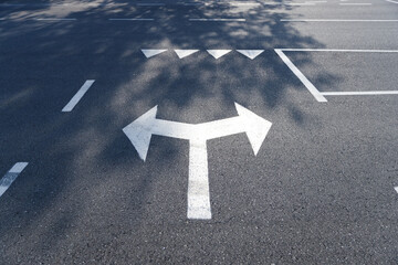Traffic Direction Symbol on Asphalt with Clear Lines Indicating Straight or Left Turn Choices for...