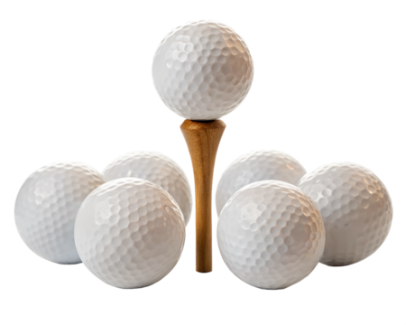 A single white golf ball rests on a wooden tee surrounded by six other white golf balls isolated on transparent background - Powered by Adobe