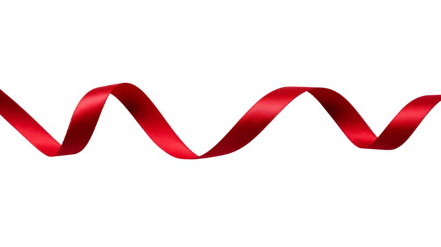 Single red ribbon floating in elegant wave shape on white PNG transparent background - Powered by Adobe