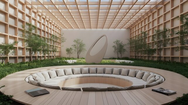 Fountain in a park garden with trees and grass in an urban city landscape