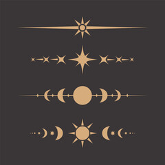 Esoteric magic lines with moon, sun, star, crescent patterns. Golden mystic dividers set. Celestial design element.
