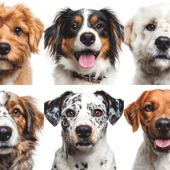 A collage of six different dog breeds with various coat colors and patterns on a white background