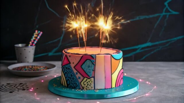 Birthday cake with sparklers colorful design party celebration dessert sweets festive occasion treat