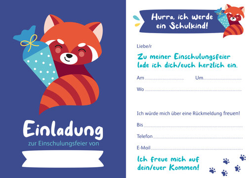 Einladung zur Einschulung mit niedlichem roten Panda