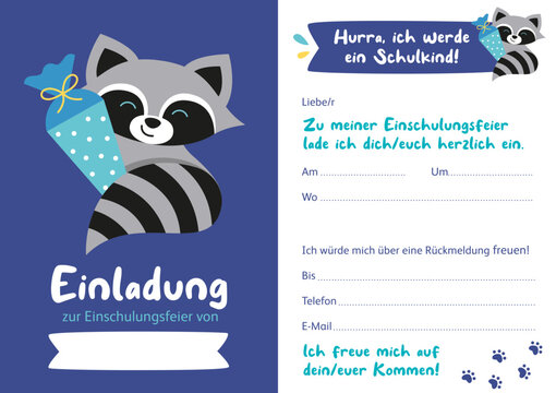 Einladung zur Einschulung mit niedlichem Waschb&auml;r	
