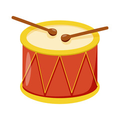 Drum with drumsticks. Festive carnival percussion, music instrument with crossed sticks for marching, playing rhythm.