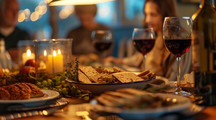 a family gathered around a table for Passover Seder, with a Seder plate,