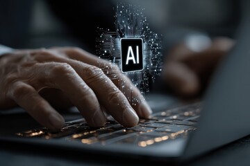 Person using laptop with lm displayed as a digital overlay at night