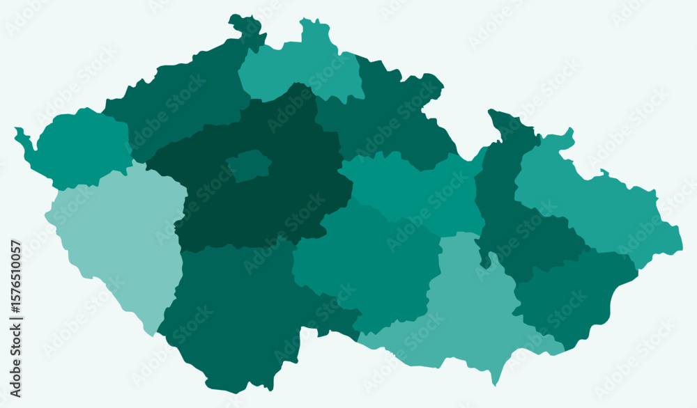 Poster map of czechia with regions. just a simple country border map with region division. teal color palet