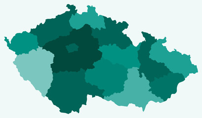 Map of Czechia with regions. Just a simple country border map with region division. Teal color palette. Flat Czechia shape with administrative division. Vector illustration.