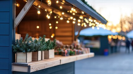 Obraz premium Christmas market stall with warm lights and greenery