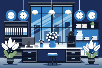 Stylish office interior featuring a desk with a computer, plants, and decorative elements. The design conveys a modern and productive work environment.