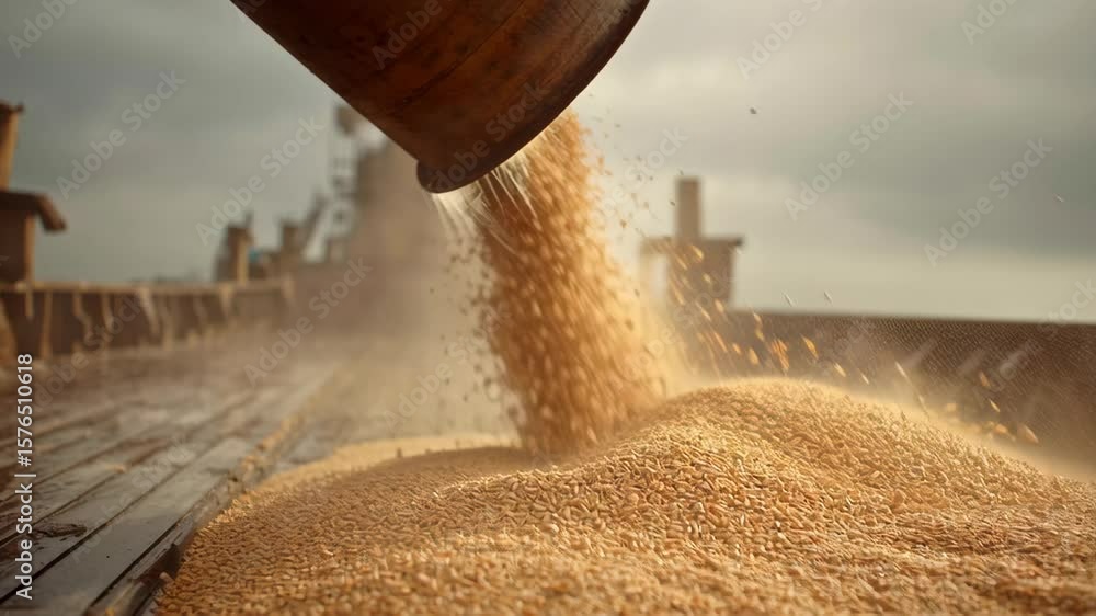 Poster close up view of grain cascading from a metal chute onto a wooden surface, capturing the dynamic mov