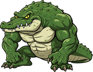 Powerful alligator cartoon character, fierce reptile illustration, muscular crocodile mascot, green fantasy animal art,