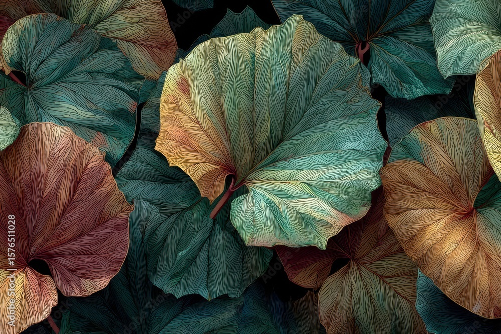 Poster large, artistic leaves with unique color variations create a natural and textural composition, perfe