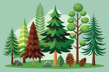 A vibrant illustration showcasing various evergreen trees, highlighting diversity in nature. Perfect for educational and environmental themed designs.