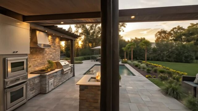 Luxury outdoor kitchen and pool design ideas for backyard entertaining and summer cooking spaces