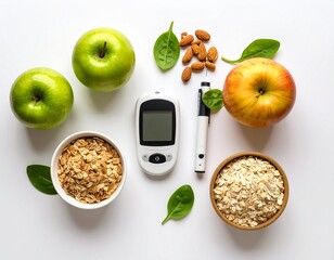 Overhead shot of diabetes management tools and healthy food choices, including apples, oats, and a glucose meter.