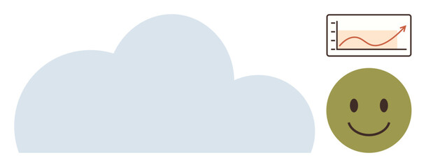 Large cloud with growth chart and happy face symbolizing positive results, innovation, and well-being. Ideal for technology, analytics, growth, success, positivity, cloud computing simple flat
