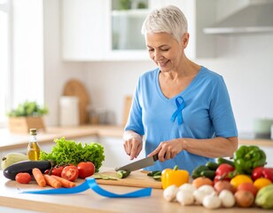 Smiling senior woman preparing a healthy meal in a bright kitchen, wearing a blue ribbon.
