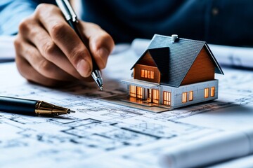 Designing a New House With Blueprints and a Miniature Model on a Work Desk