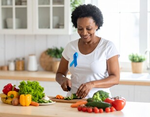 Smiling woman with a blue ribbon prepares fresh vegetables for a meal.
