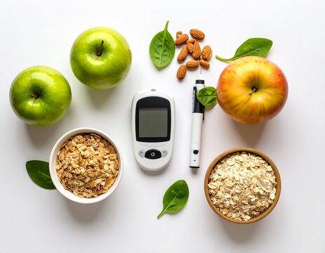 Overhead shot of diabetes management tools and healthy food choices, including apples, oats, and a glucose meter.