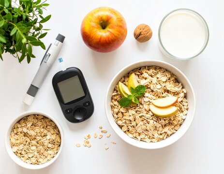 Healthy diabetic breakfast: oatmeal, apple slices, milk, and walnuts alongside a blood glucose meter. - Powered by Adobe