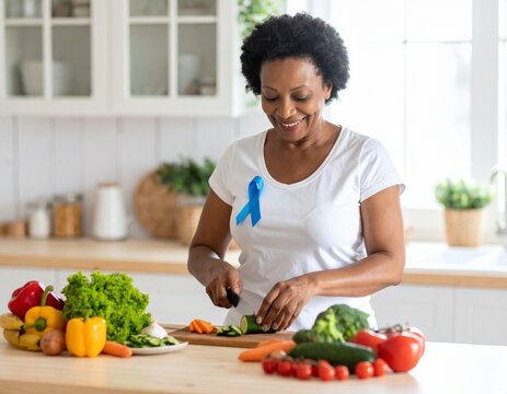 Smiling woman with a blue ribbon prepares fresh vegetables for a meal. - Powered by Adobe