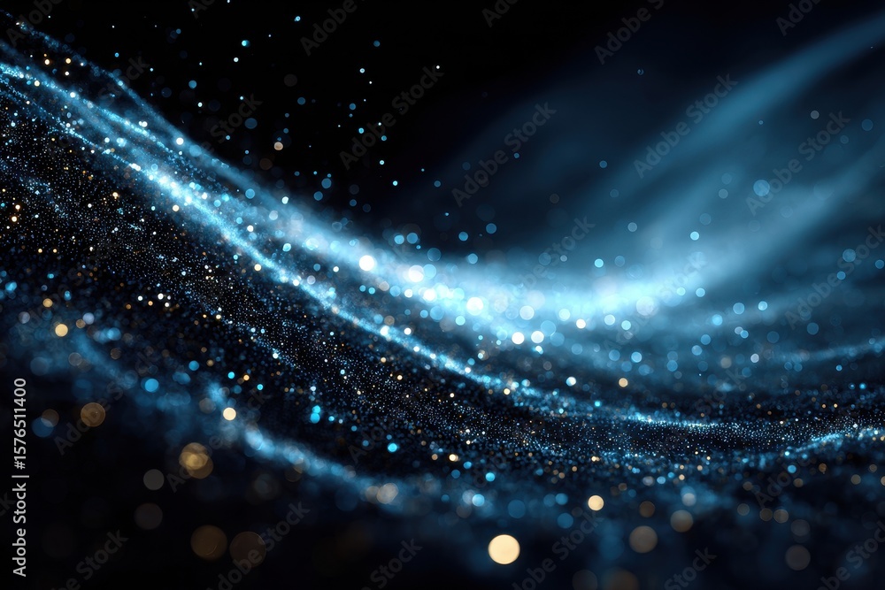 Poster glowing particles flow in a dynamic wave pattern against a dark background