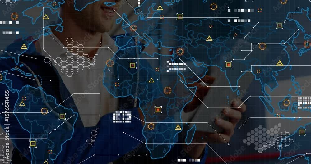 Poster technology analyst tapping and swiping tablet, expanding hologram map with data icons for analysis