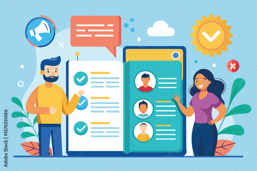 Poster illustration of a man and woman discussing team collaboration using digital tools, symbolizing effec