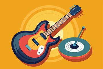 Vibrant digital illustration featuring an electric guitar and a vinyl record player on a bright background, capturing the essence of music and retro style.