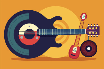 Vibrant abstract illustration featuring a guitar with geometric shapes and musical elements, showcasing creativity and artistic expression. Perfect for music themed designs and creative projects.