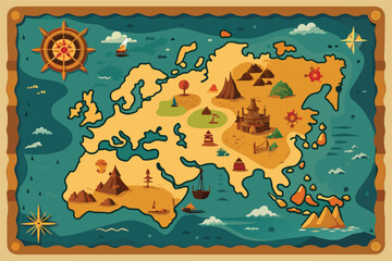 Naklejka premium Explore a whimsical vintage pirate treasure map featuring nautical elements, mysterious lands, and adventure scenes. Perfect for fantasy themes and storytelling inspirations.