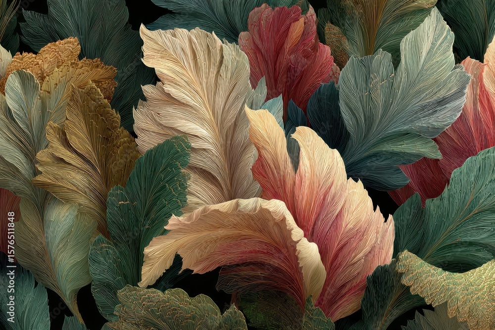 Poster large, artistic leaves with unique color variations create a natural and textural composition, perfe
