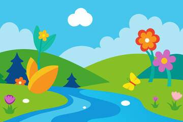 Vibrant summer landscape featuring a rainbow over a serene lake, with green meadows, colorful flowers, and a clear blue sky