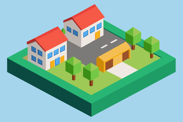 Vector isometric house in a city, a 3D illustration of an urban residential building with architecture design and street elements