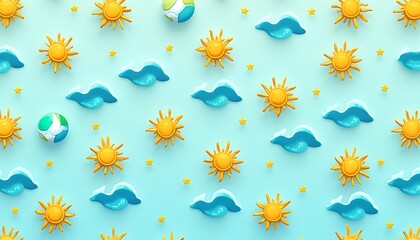 Obraz premium Cartoon Sun Cloud and Ball Seamless Pattern on Light Blue Background