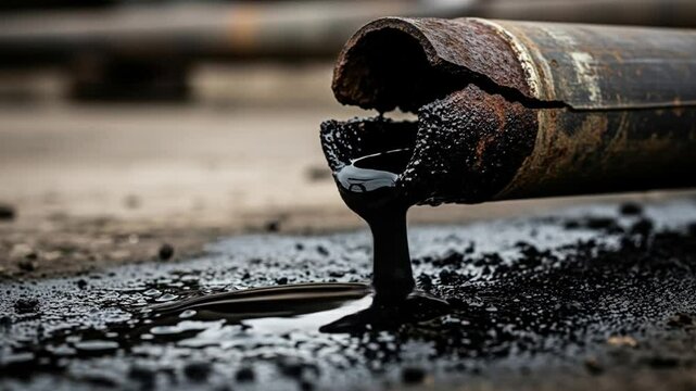 video of leaking oil pipeline in an industrial mining area. Black liquid spilling from cracked pipe, symbolizing oil industry issues, environment hazard, and industrial risk.